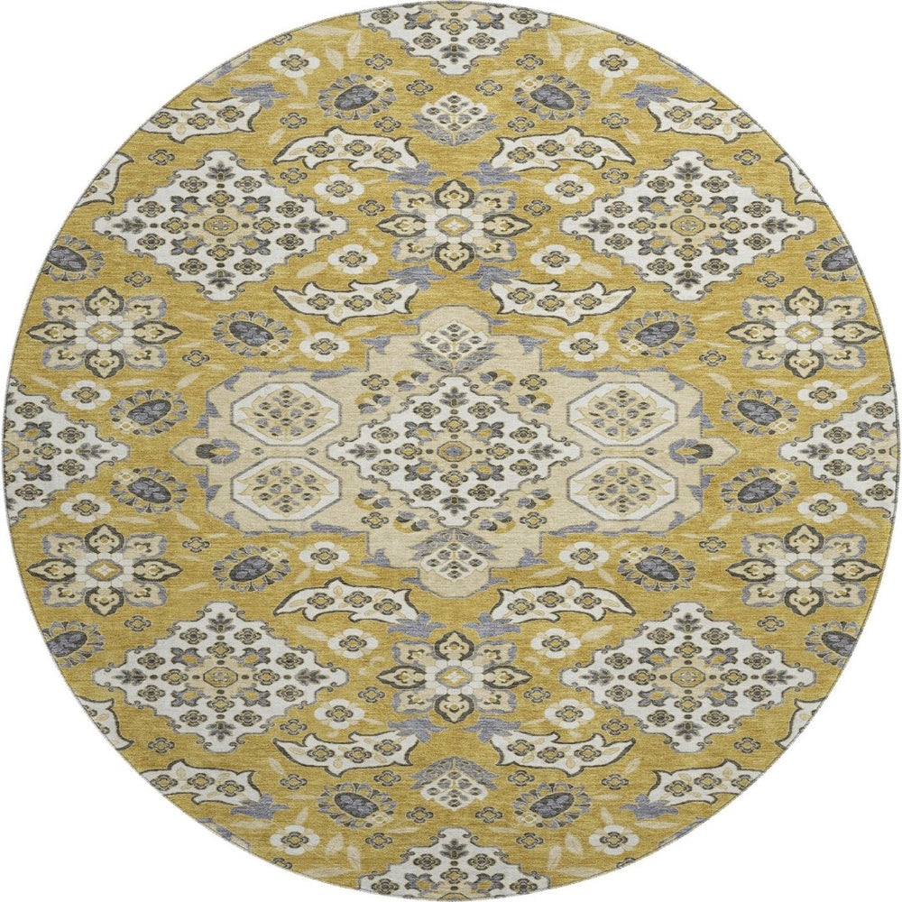 HomeRoots 8' Gold and Ivory Floral Medallion Round Rug – Washable, UV-Protected, Durable & Elegant Accent Piece 705842