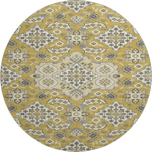 HomeRoots 8' Gold and Ivory Floral Medallion Round Rug – Washable, UV-Protected, Durable & Elegant Accent Piece 705842