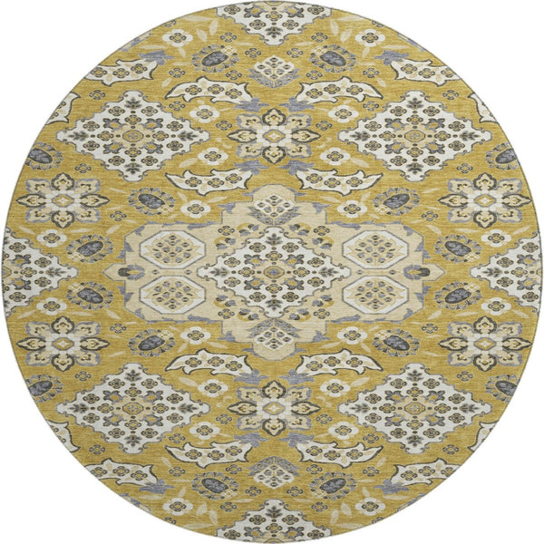HomeRoots 8' Gold and Ivory Floral Medallion Round Rug – Washable, UV-Protected, Durable & Elegant Accent Piece 705842