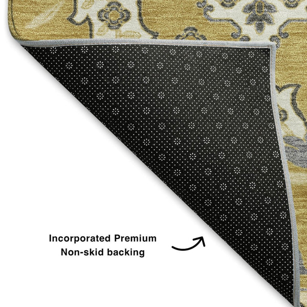 HomeRoots 8' Gold and Ivory Floral Medallion Round Rug – Washable, UV-Protected, Durable & Elegant Accent Piece 705842