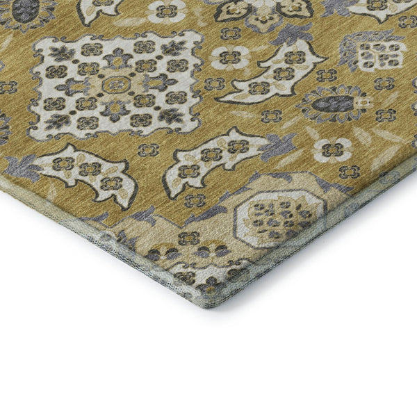 HomeRoots 8' Gold and Ivory Floral Medallion Round Rug – Washable, UV-Protected, Durable & Elegant Accent Piece 705842