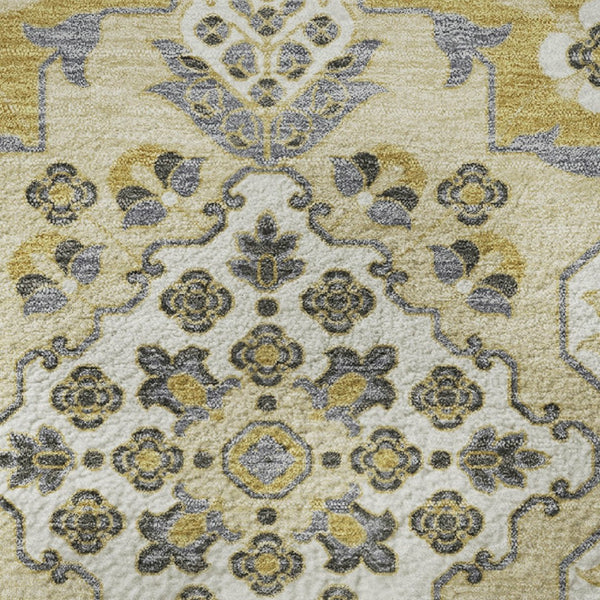 HomeRoots 8' Gold and Ivory Floral Medallion Round Rug – Washable, UV-Protected, Durable & Elegant Accent Piece 705842