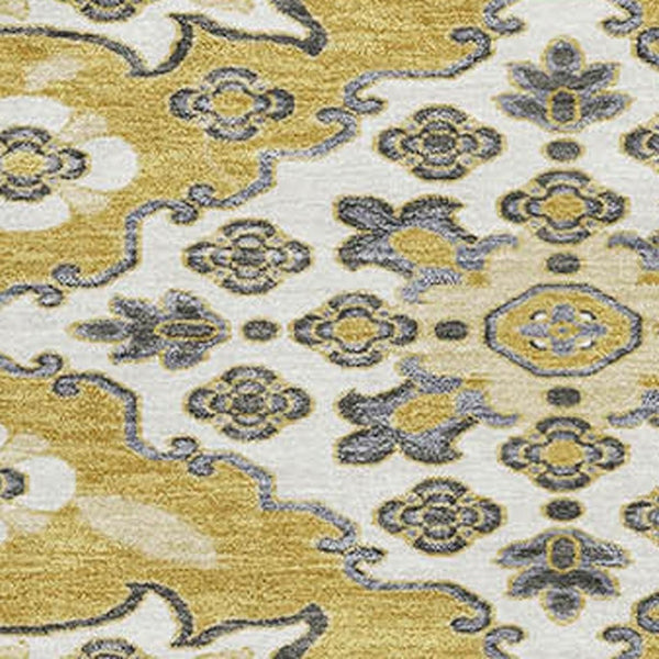 HomeRoots 8' Gold and Ivory Floral Medallion Round Rug – Washable, UV-Protected, Durable & Elegant Accent Piece 705842