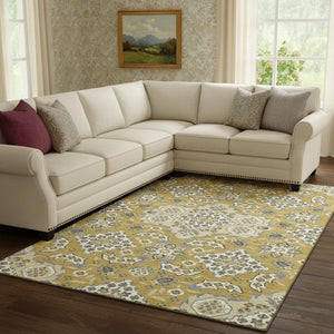 HomeRoots 8' X 10' Gold And Ivory Floral Medallion Area Rug - Durable, Stain-Resistant, UV Protected Elegance 705843