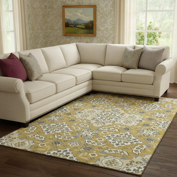 HomeRoots 8' X 10' Gold And Ivory Floral Medallion Area Rug - Durable, Stain-Resistant, UV Protected Elegance 705843