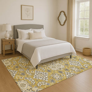 HomeRoots 8' X 10' Gold And Ivory Floral Medallion Area Rug - Durable, Stain-Resistant, UV Protected Elegance 705843