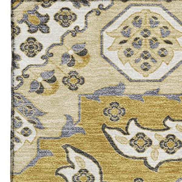 HomeRoots 8' X 10' Gold And Ivory Floral Medallion Area Rug - Durable, Stain-Resistant, UV Protected Elegance 705843