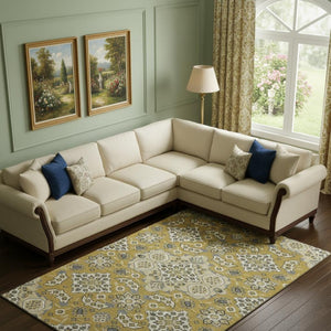 HomeRoots 9' X 12' Elegant Gold & Ivory Floral Medallion Washable Area Rug with UV Protection & Stain Resistance 705844