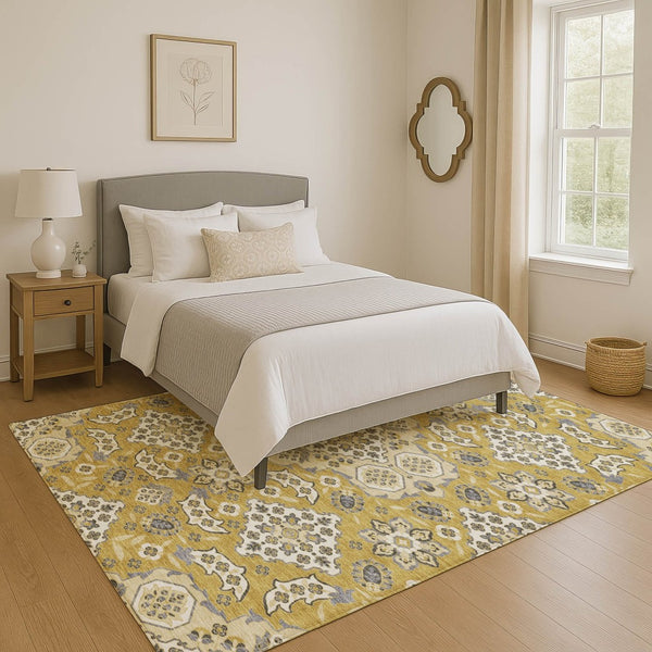 HomeRoots 9' X 12' Elegant Gold & Ivory Floral Medallion Washable Area Rug with UV Protection & Stain Resistance 705844