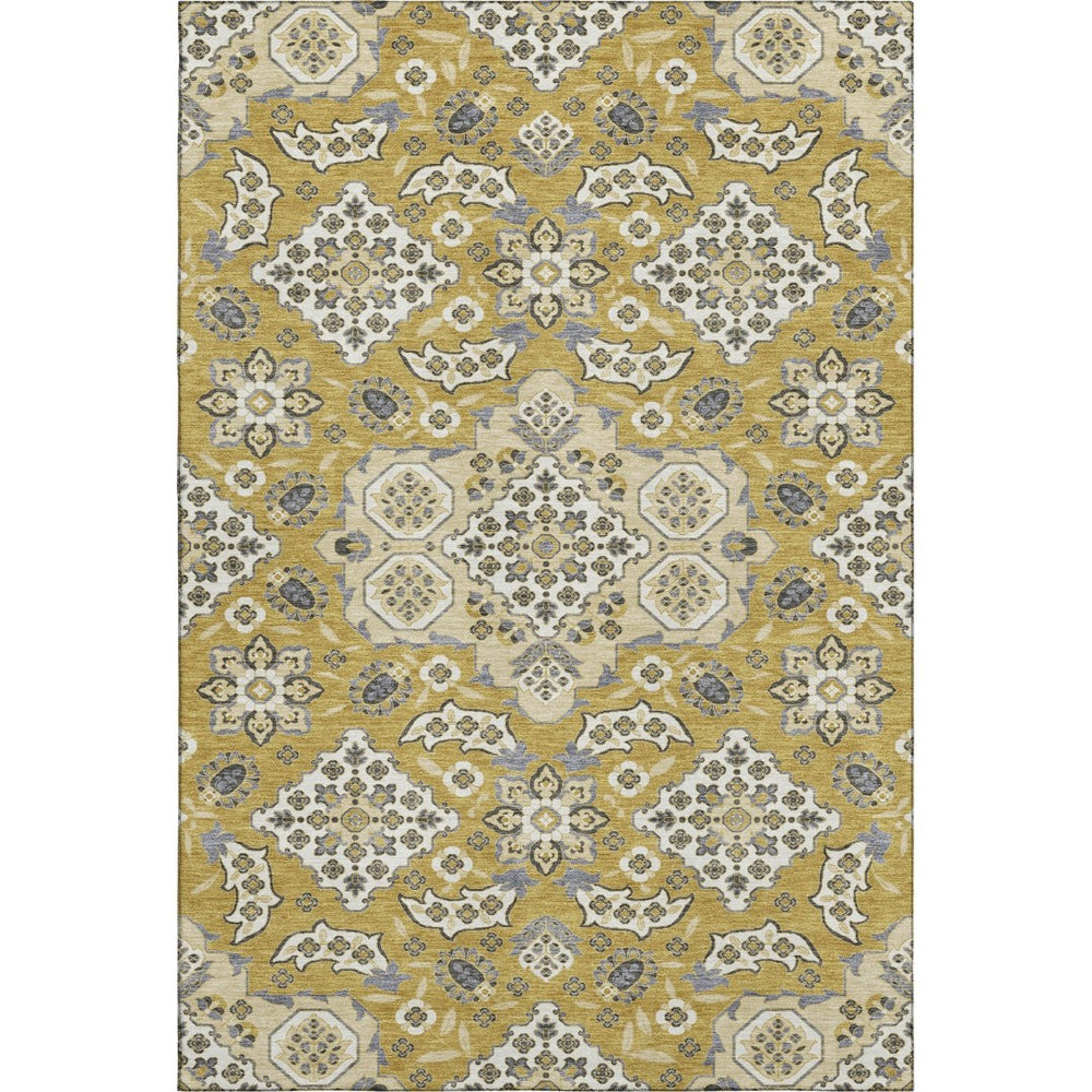 HomeRoots 9' X 12' Elegant Gold & Ivory Floral Medallion Washable Area Rug with UV Protection & Stain Resistance 705844