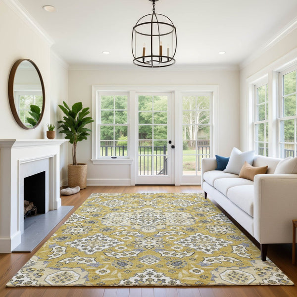 HomeRoots 9' X 12' Elegant Gold & Ivory Floral Medallion Washable Area Rug with UV Protection & Stain Resistance 705844