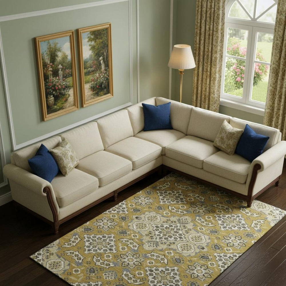 HomeRoots 10' X 14' Gold And Ivory Floral Medallion Area Rug - Washable, UV Protected & Stain Resistant Comfort 705845