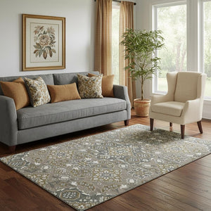HomeRoots 5' X 8' Coffee and Gray Floral Medallion Area Rug – Washable, Stain-Resistant, UV Protected Design 705847