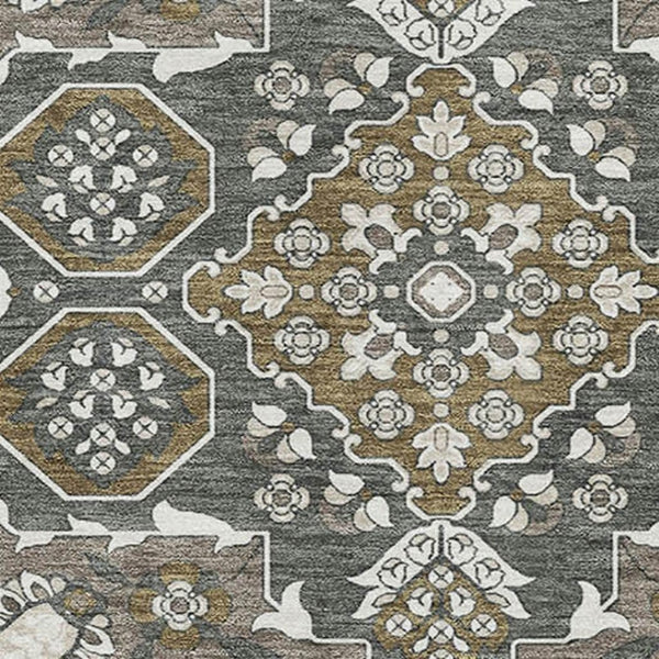 HomeRoots 5' X 8' Coffee and Gray Floral Medallion Area Rug – Washable, Stain-Resistant, UV Protected Design 705847