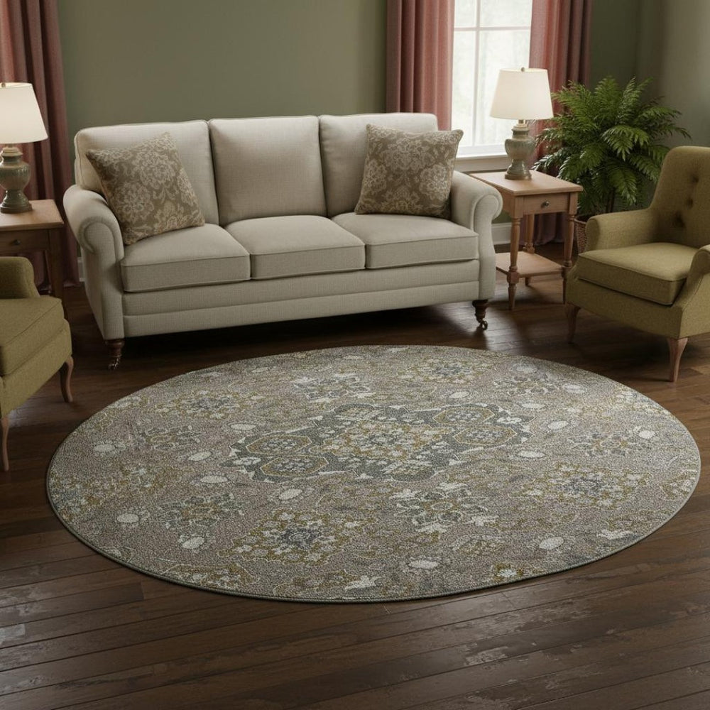 HomeRoots 8' Washable Round Rug in Coffee and Gray Floral Medallion - Durable, Stain Resistant, UV Protected Decor 705848