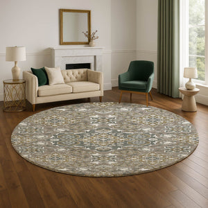 HomeRoots 8' Washable Round Rug in Coffee and Gray Floral Medallion - Durable, Stain Resistant, UV Protected Decor 705848