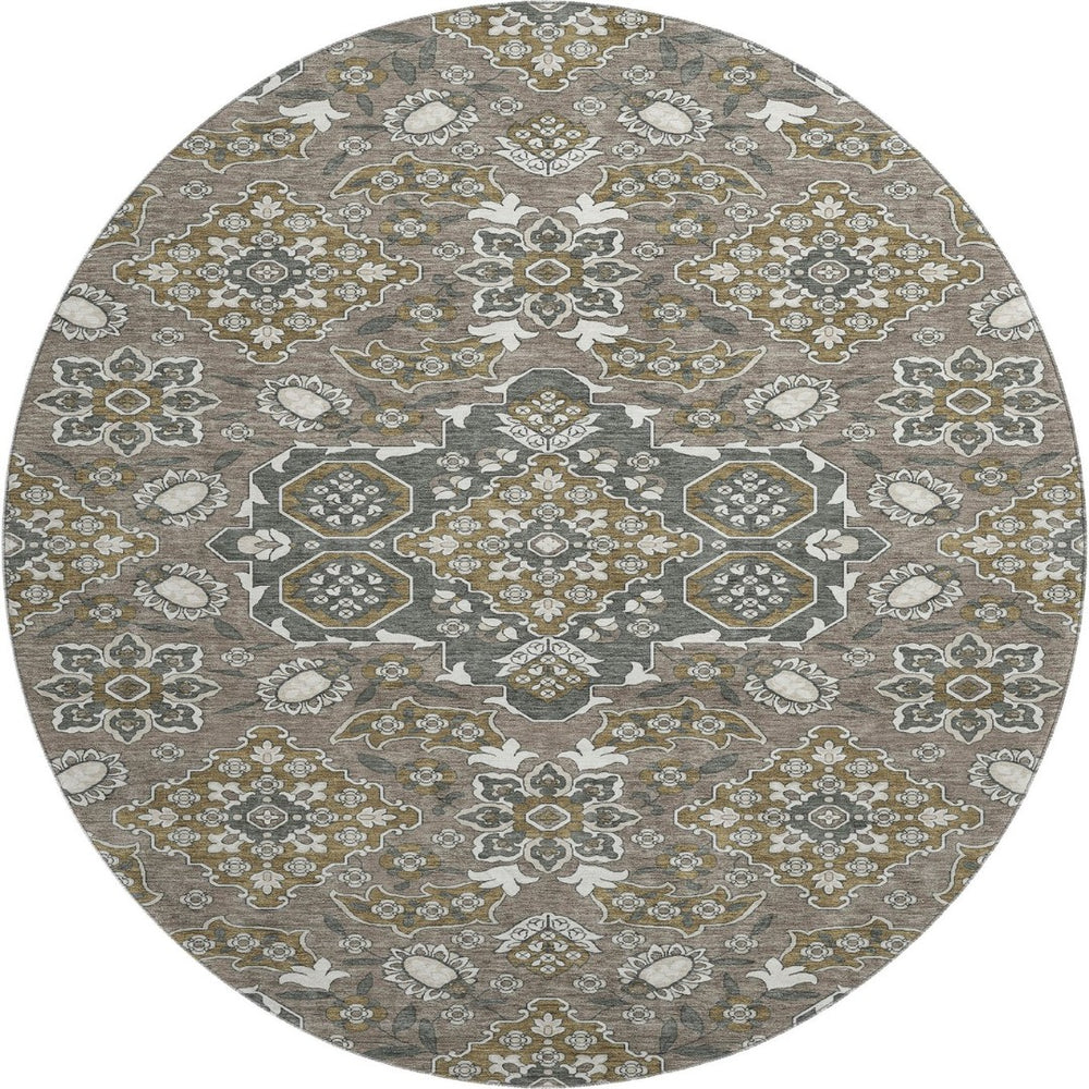 HomeRoots 8' Washable Round Rug in Coffee and Gray Floral Medallion - Durable, Stain Resistant, UV Protected Decor 705848