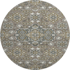 HomeRoots 8' Washable Round Rug in Coffee and Gray Floral Medallion - Durable, Stain Resistant, UV Protected Decor 705848