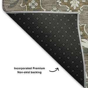HomeRoots 8' Washable Round Rug in Coffee and Gray Floral Medallion - Durable, Stain Resistant, UV Protected Decor 705848