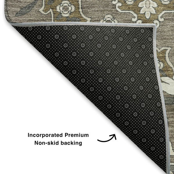 HomeRoots 8' Washable Round Rug in Coffee and Gray Floral Medallion - Durable, Stain Resistant, UV Protected Decor 705848