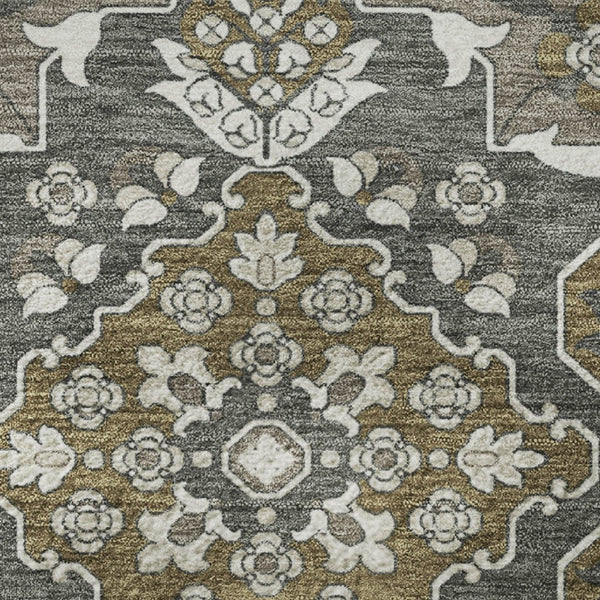 HomeRoots 8' Washable Round Rug in Coffee and Gray Floral Medallion - Durable, Stain Resistant, UV Protected Decor 705848
