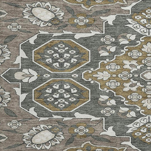 HomeRoots 8' Washable Round Rug in Coffee and Gray Floral Medallion - Durable, Stain Resistant, UV Protected Decor 705848