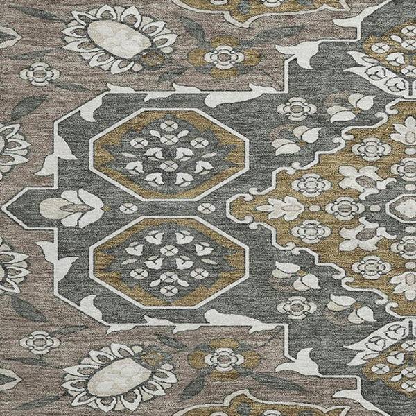 HomeRoots 8' Washable Round Rug in Coffee and Gray Floral Medallion - Durable, Stain Resistant, UV Protected Decor 705848