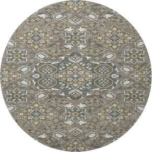 HomeRoots 8' Washable Round Rug in Coffee and Gray Floral Medallion - Durable, Stain Resistant, UV Protected Decor 705848