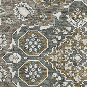 HomeRoots 8' X 10' Coffee and Gray Floral Medallion Area Rug - Washable, Stain-Resistant, UV Protected for Homes 705849