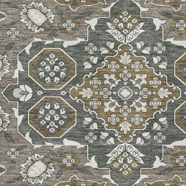 HomeRoots 8' X 10' Coffee and Gray Floral Medallion Area Rug - Washable, Stain-Resistant, UV Protected for Homes 705849