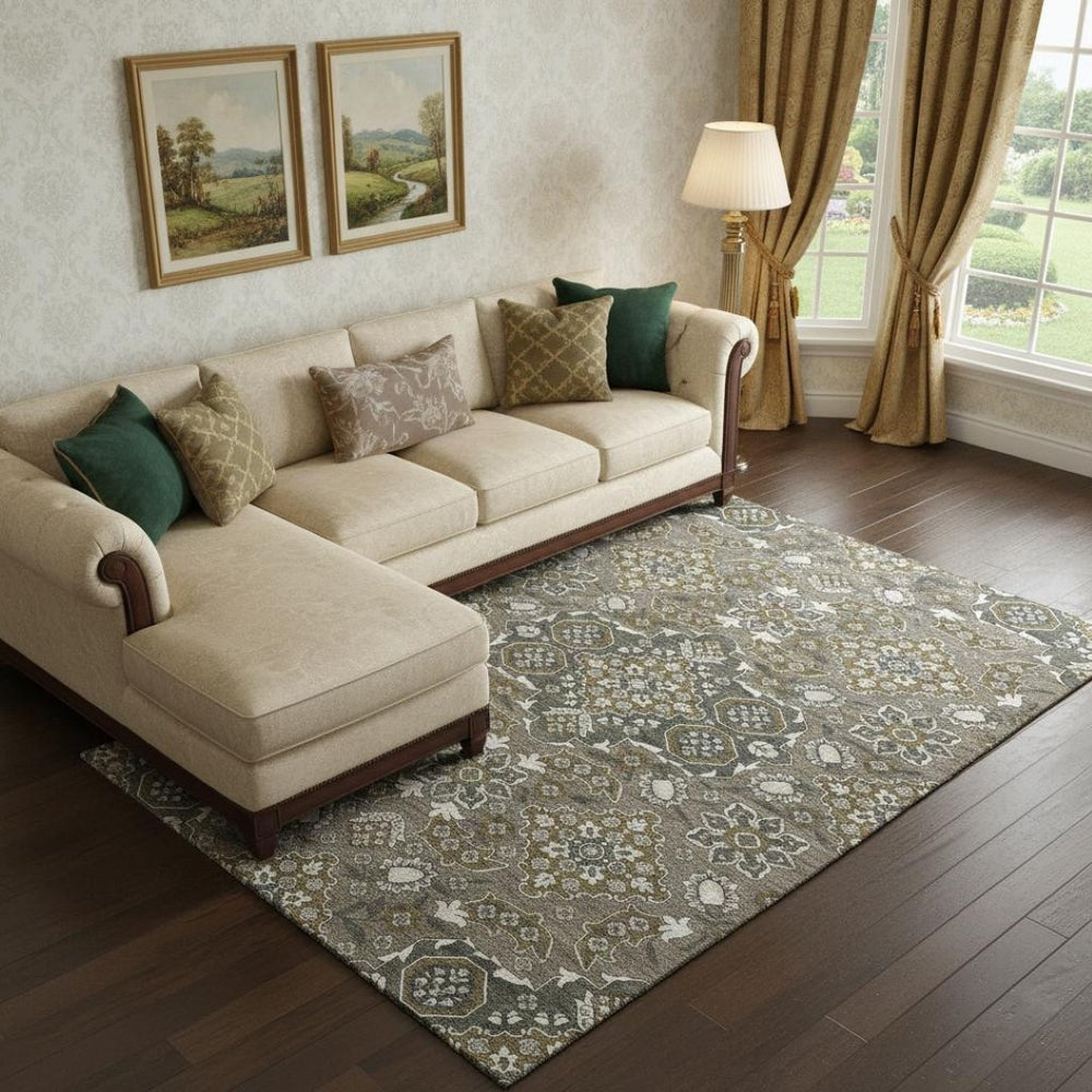 HomeRoots 9' X 12' Elegant Coffee & Gray Floral Medallion Area Rug - Washable, UV Protected, Stain Resistant 705850