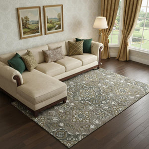 HomeRoots 9' X 12' Elegant Coffee & Gray Floral Medallion Area Rug - Washable, UV Protected, Stain Resistant 705850