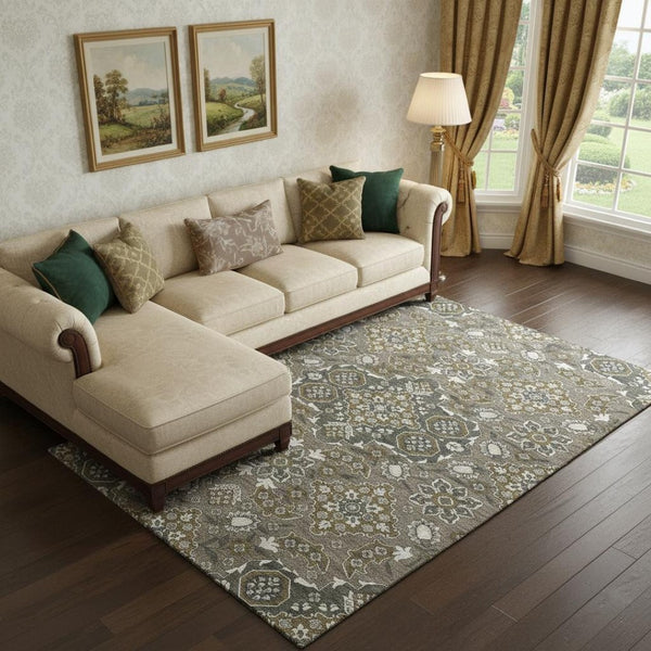 HomeRoots 9' X 12' Elegant Coffee & Gray Floral Medallion Area Rug - Washable, UV Protected, Stain Resistant 705850