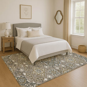 HomeRoots 9' X 12' Elegant Coffee & Gray Floral Medallion Area Rug - Washable, UV Protected, Stain Resistant 705850