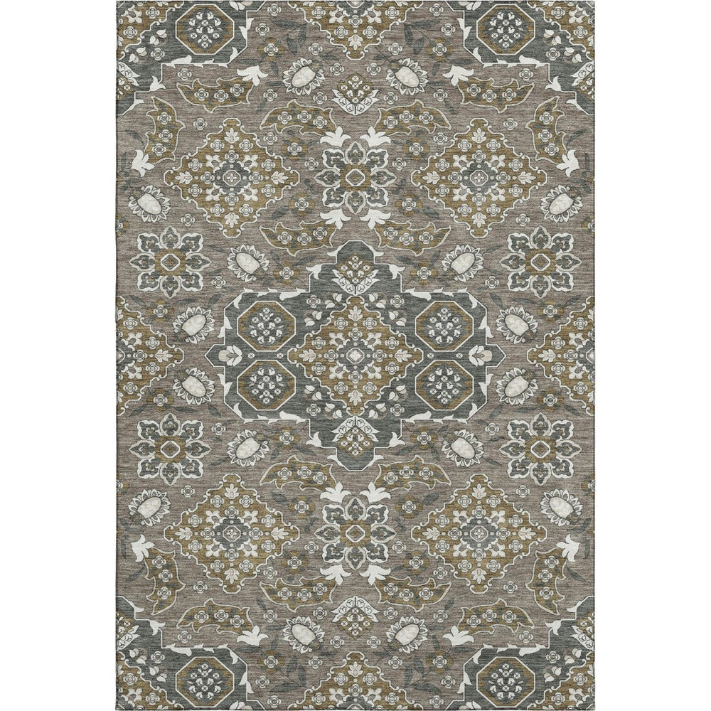 HomeRoots 9' X 12' Elegant Coffee & Gray Floral Medallion Area Rug - Washable, UV Protected, Stain Resistant 705850