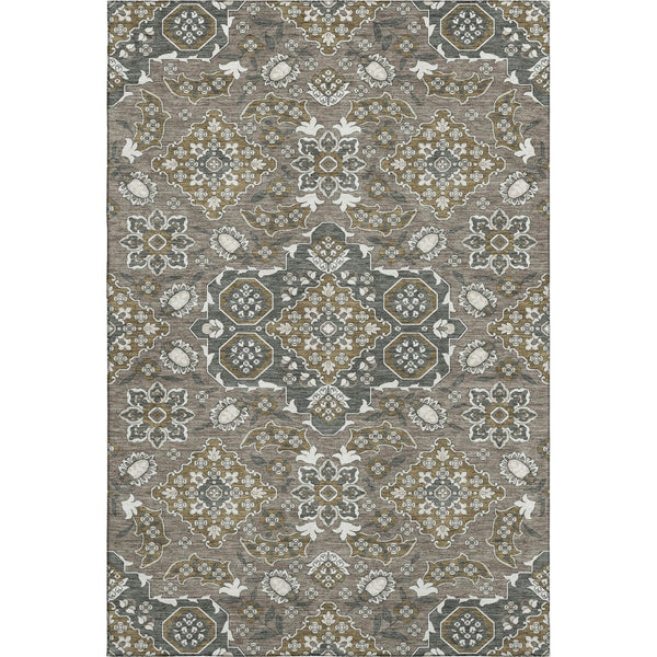 HomeRoots 9' X 12' Elegant Coffee & Gray Floral Medallion Area Rug - Washable, UV Protected, Stain Resistant 705850