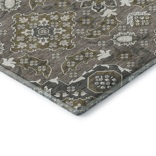 HomeRoots 9' X 12' Elegant Coffee & Gray Floral Medallion Area Rug - Washable, UV Protected, Stain Resistant 705850