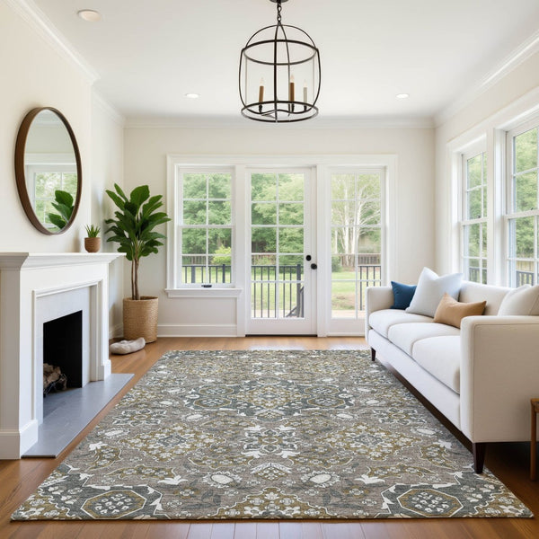 HomeRoots 9' X 12' Elegant Coffee & Gray Floral Medallion Area Rug - Washable, UV Protected, Stain Resistant 705850