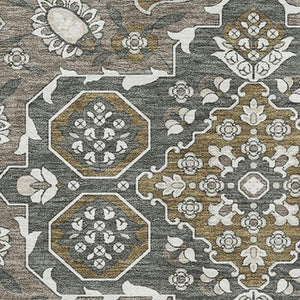 HomeRoots 9' X 12' Elegant Coffee & Gray Floral Medallion Area Rug - Washable, UV Protected, Stain Resistant 705850