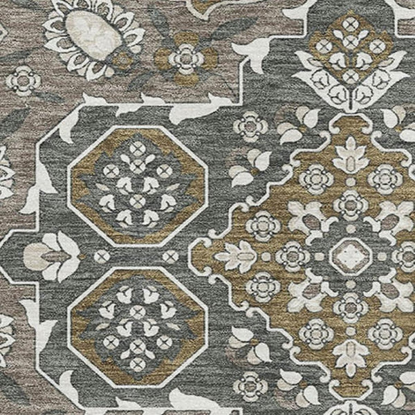 HomeRoots 9' X 12' Elegant Coffee & Gray Floral Medallion Area Rug - Washable, UV Protected, Stain Resistant 705850