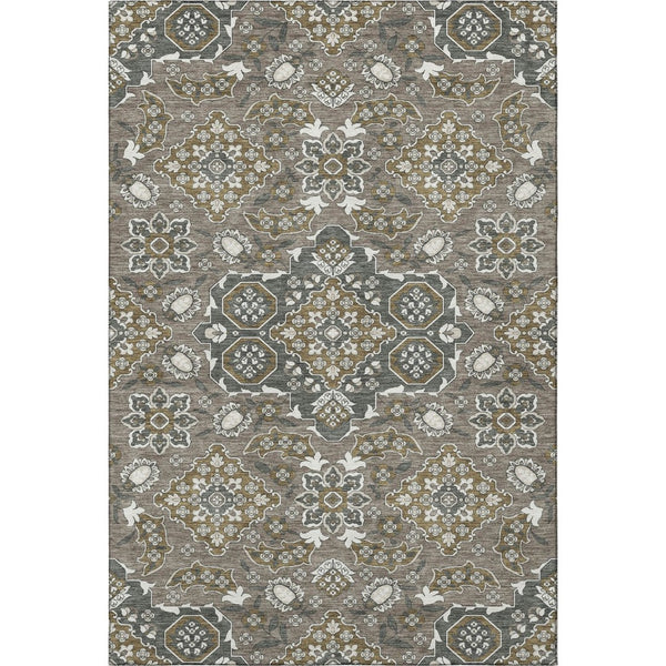 HomeRoots 9' X 12' Elegant Coffee & Gray Floral Medallion Area Rug - Washable, UV Protected, Stain Resistant 705850