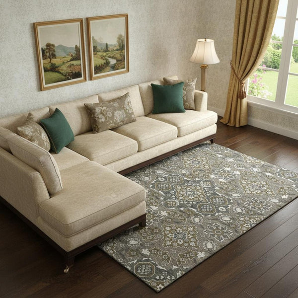 HomeRoots 10' X 14' Coffee & Gray Floral Medallion Area Rug – Washable, UV-Protected, Durable, & Stylish 705851