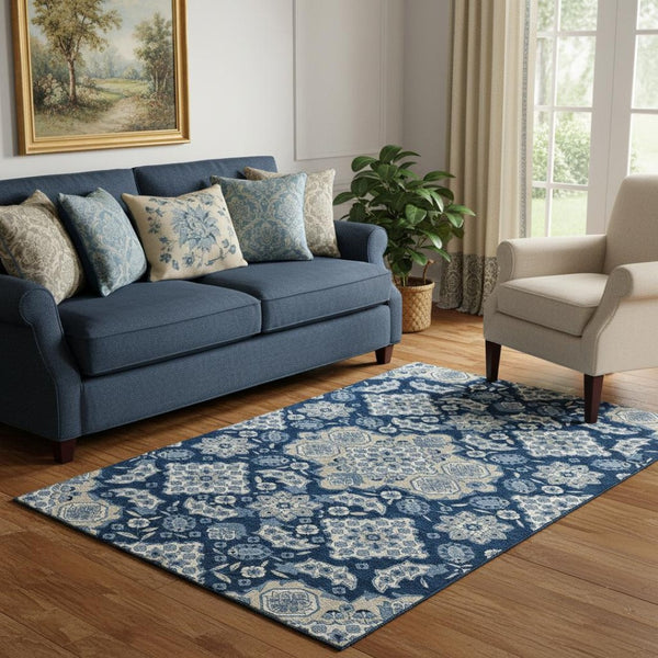 HomeRoots 5' Navy Blue & Ivory Floral Medallion Area Rug – Washable, Stain-Resistant, UV-Protected Design! 705853