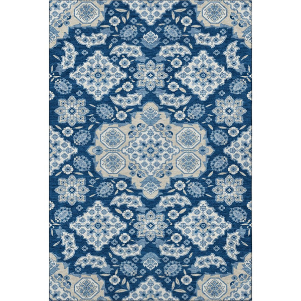 HomeRoots 5' Navy Blue & Ivory Floral Medallion Area Rug – Washable, Stain-Resistant, UV-Protected Design! 705853