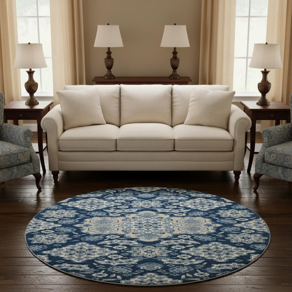 HomeRoots 8' Navy Blue and Ivory Floral Medallion Washable Round Rug - Stylish, Durable, UV Resistant, Easy Care! 705854
