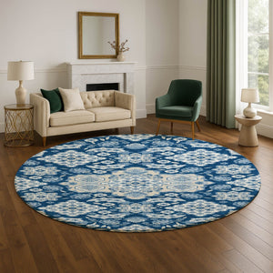 HomeRoots 8' Navy Blue and Ivory Floral Medallion Washable Round Rug - Stylish, Durable, UV Resistant, Easy Care! 705854