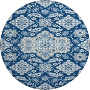 HomeRoots 8' Navy Blue and Ivory Floral Medallion Washable Round Rug - Stylish, Durable, UV Resistant, Easy Care! 705854