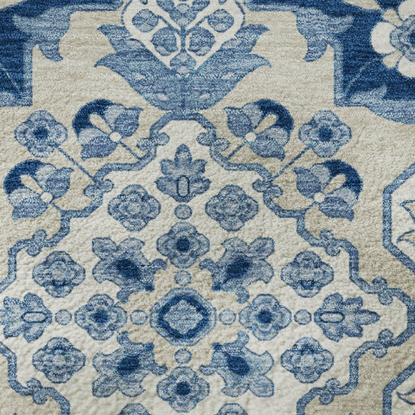HomeRoots 8' Navy Blue and Ivory Floral Medallion Washable Round Rug - Stylish, Durable, UV Resistant, Easy Care! 705854