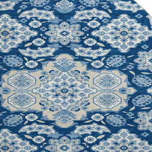 HomeRoots 8' Navy Blue and Ivory Floral Medallion Washable Round Rug - Stylish, Durable, UV Resistant, Easy Care! 705854