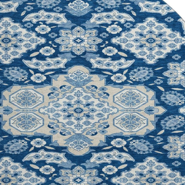 HomeRoots 8' Navy Blue and Ivory Floral Medallion Washable Round Rug - Stylish, Durable, UV Resistant, Easy Care! 705854